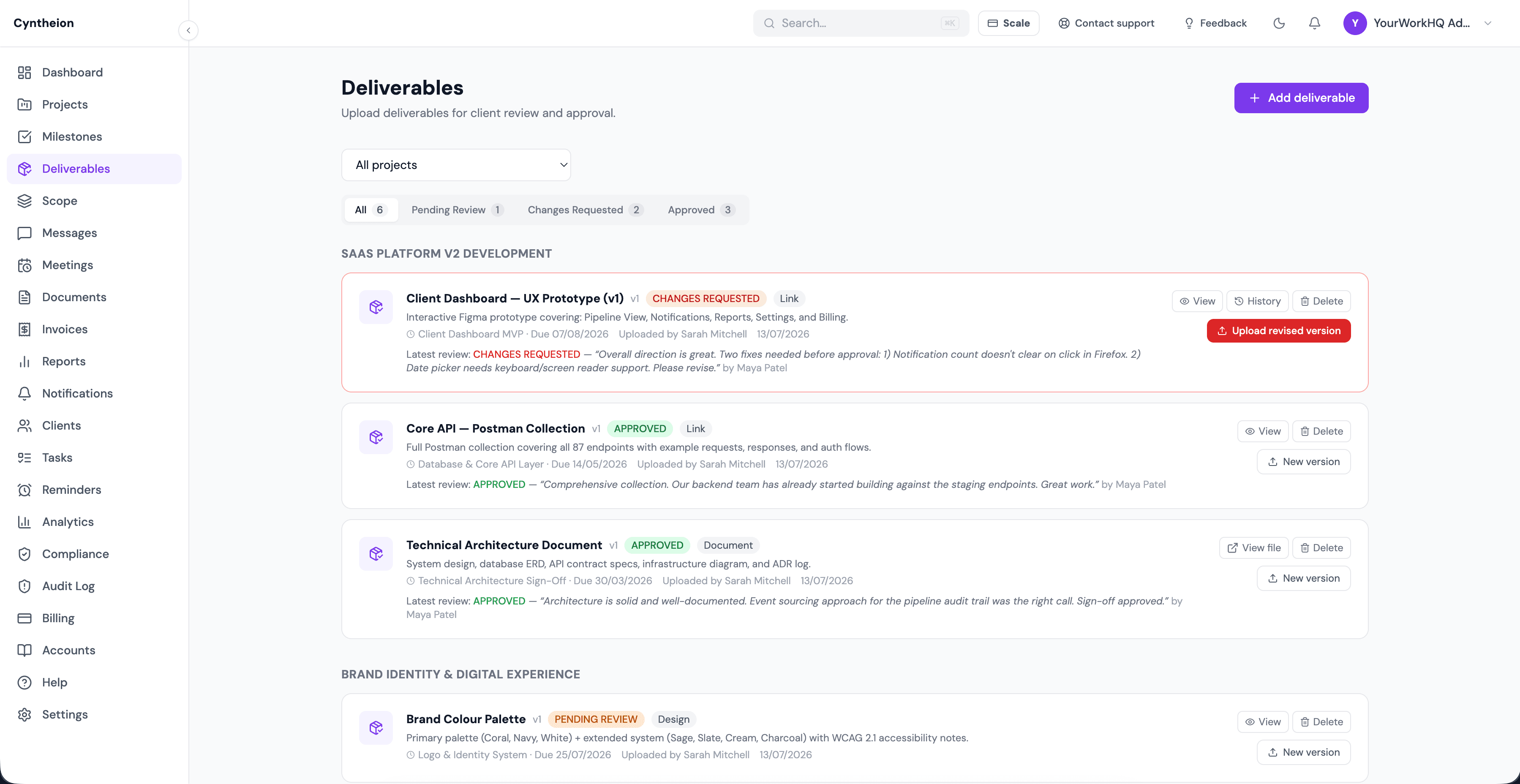 Deliverables list with review and approval statuses