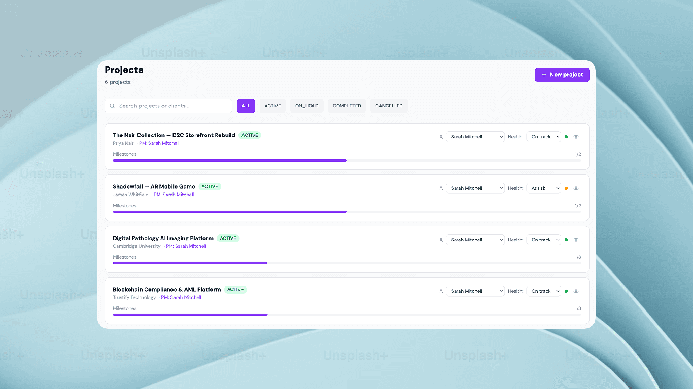 Projects list with milestone progress bars