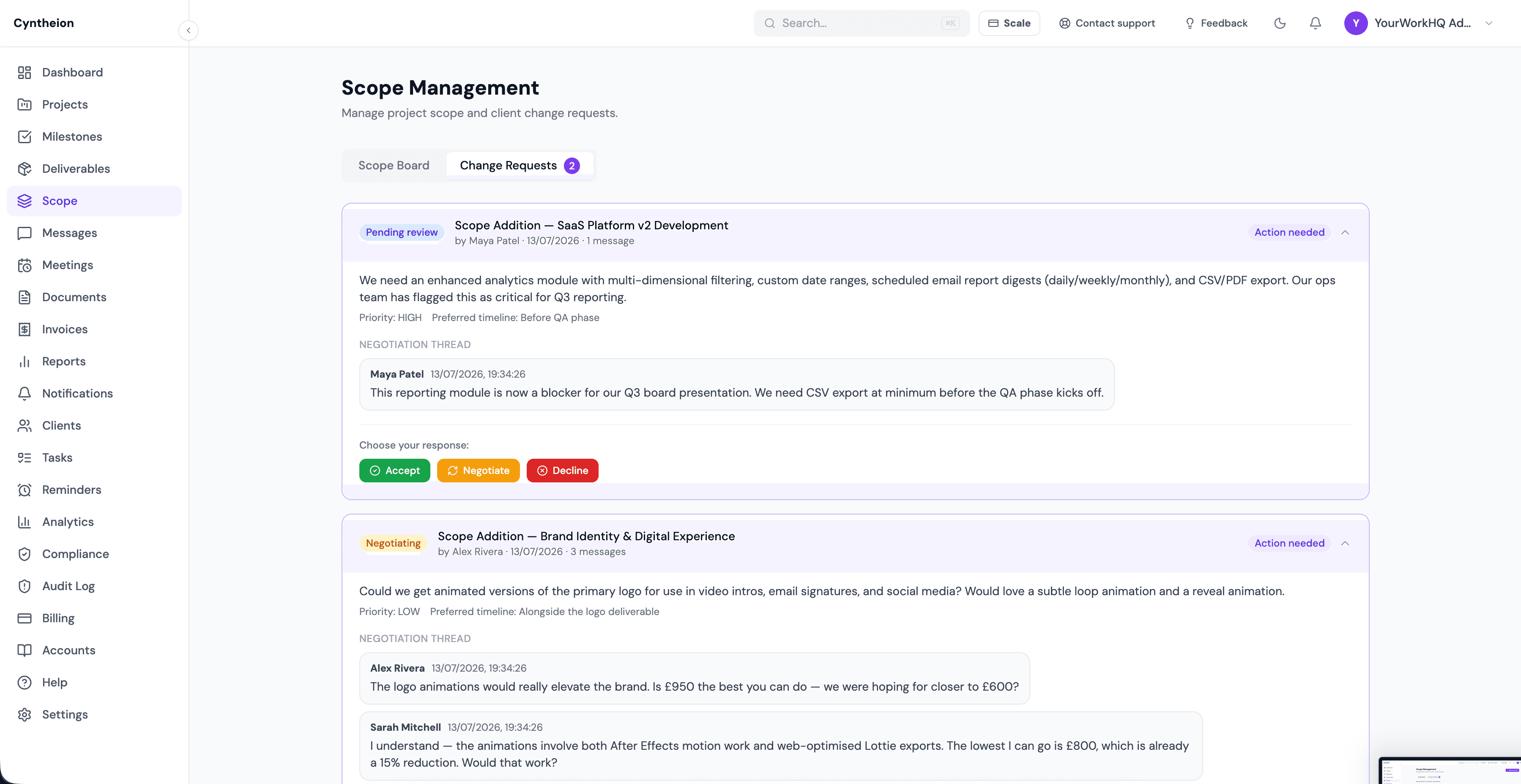 Scope change request with a negotiation thread and accept, negotiate, or decline actions